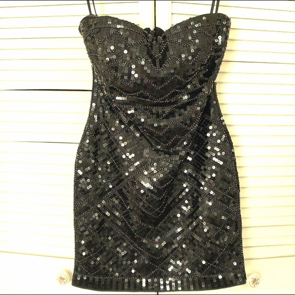 Bebe Black Sequin Strapless Dress